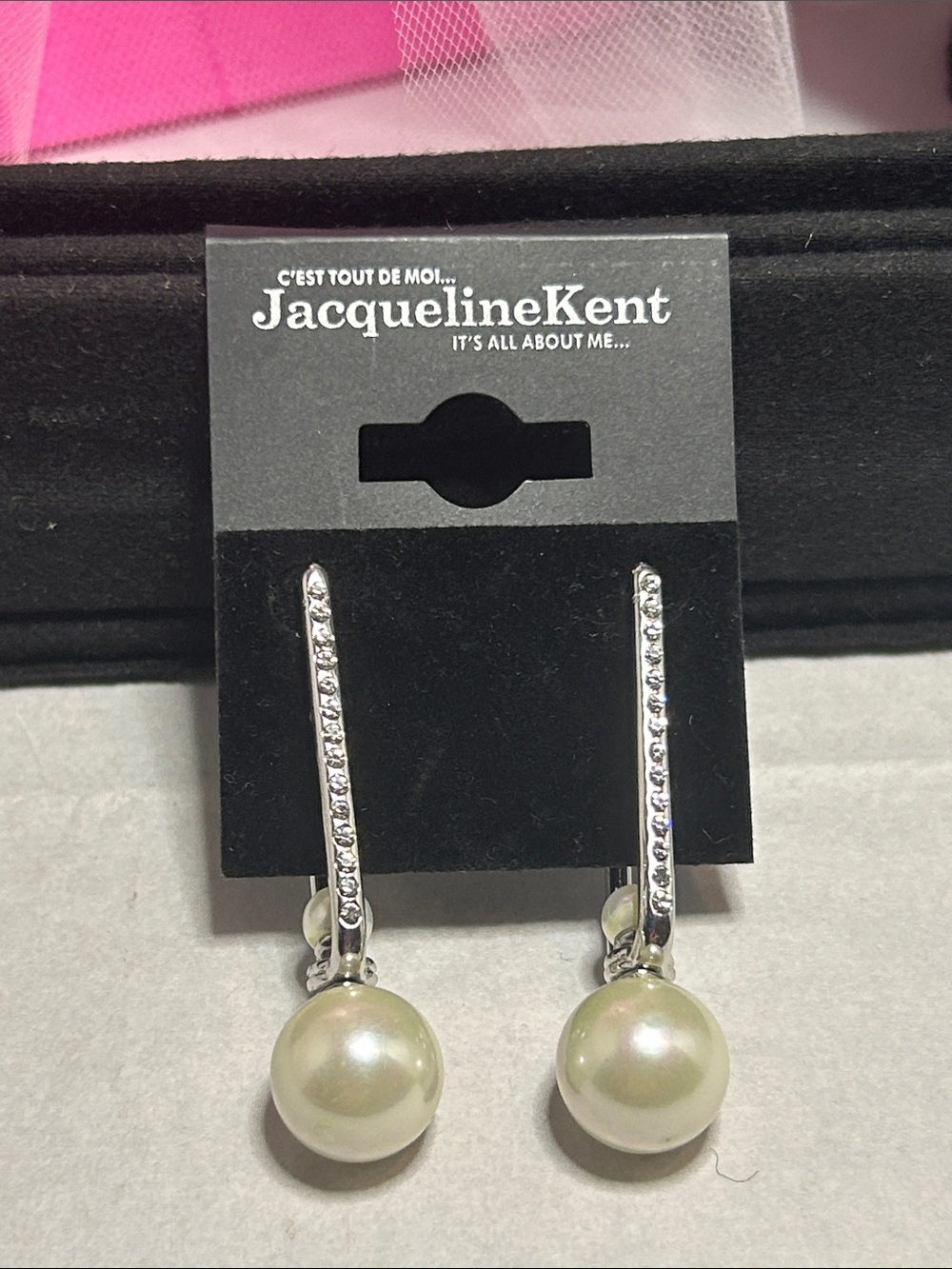 Jacqueline Kent Pearl Drop Earrings in White with Crystal Accents